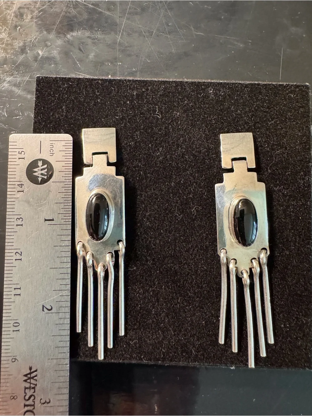 Native American Navajo Southwestern Onyx Sterling Silver Dangle Tassel Earrings